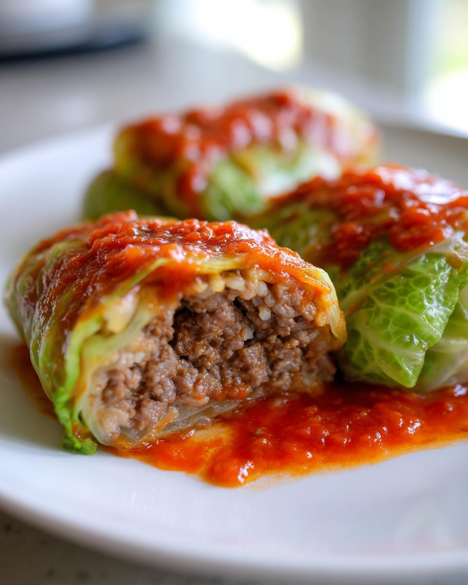 Close-up of a plate showing a cross-section of delicious cabbage rolls filled with ground meat and rice, topped with vibrant tomato sauce.