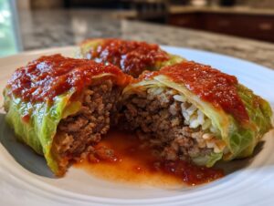 Close-up of amazing cabbage rolls cut in half showing the ground meat and rice filling, topped with tomato sauce.