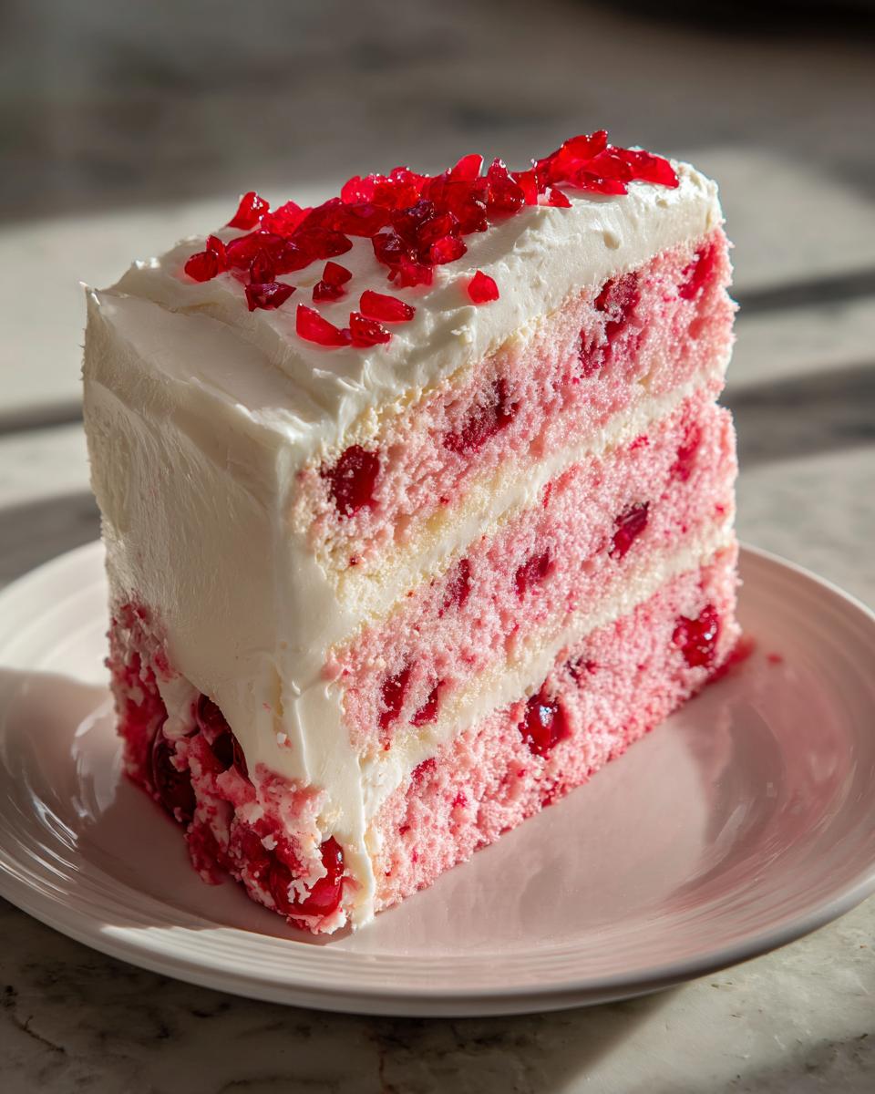 A tall slice of pink layer Cherry cake filled with cherries and covered in white frosting, topped with red candied pieces.