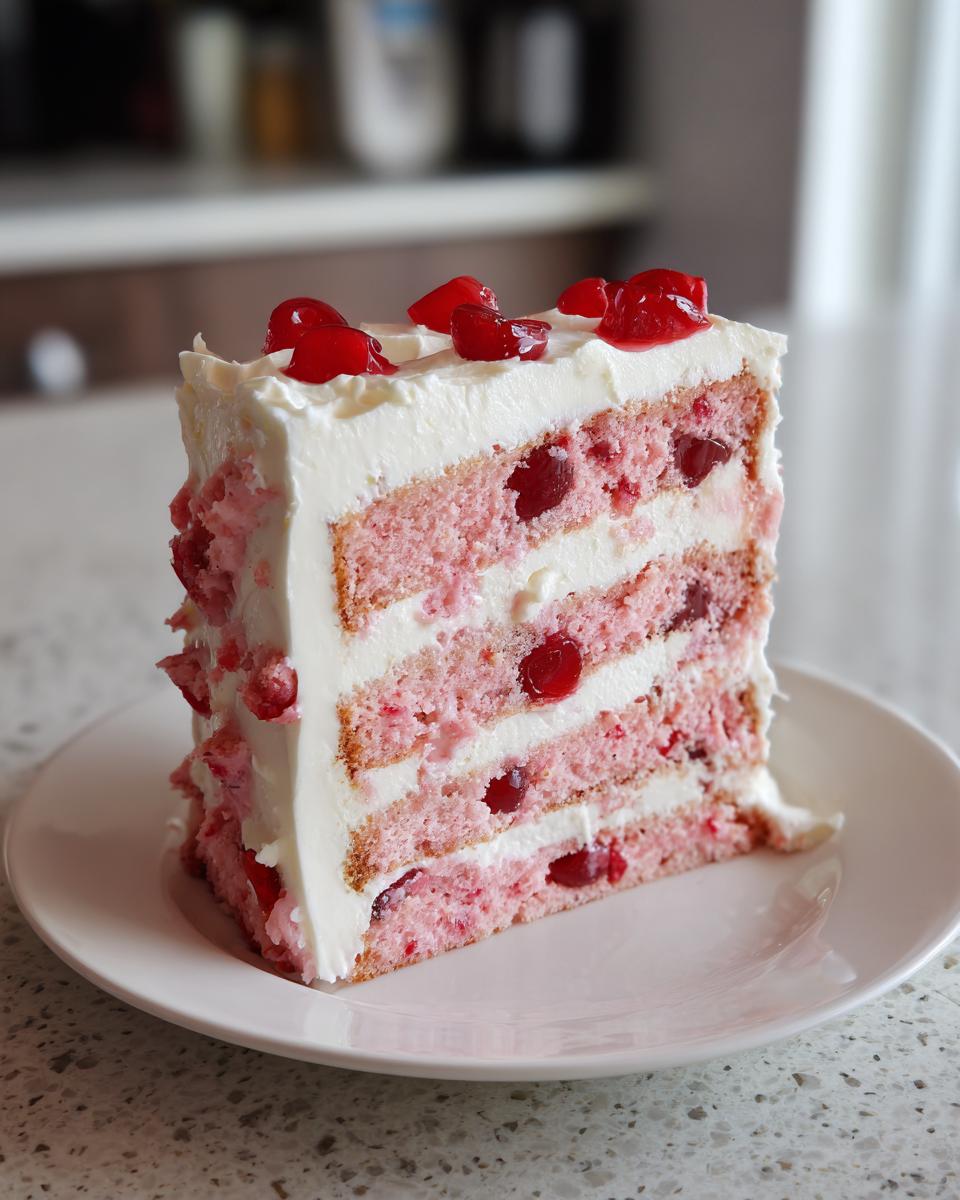A tall slice of pink layered cherry cake with white cream frosting and whole cherries on top.