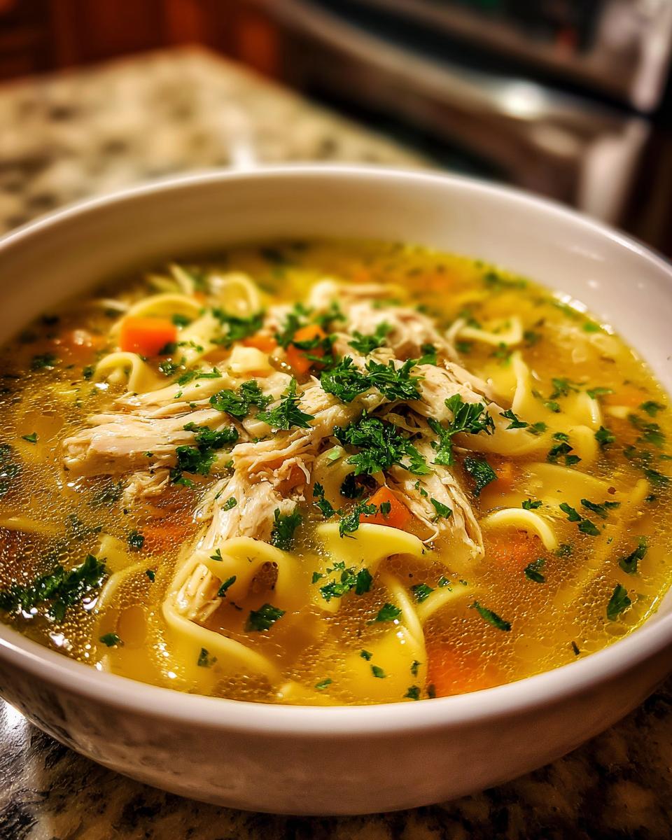 A close-up of a steaming white bowl filled with rich broth, egg noodles, carrots, and shredded chicken in this amazing chicken noodle soup.