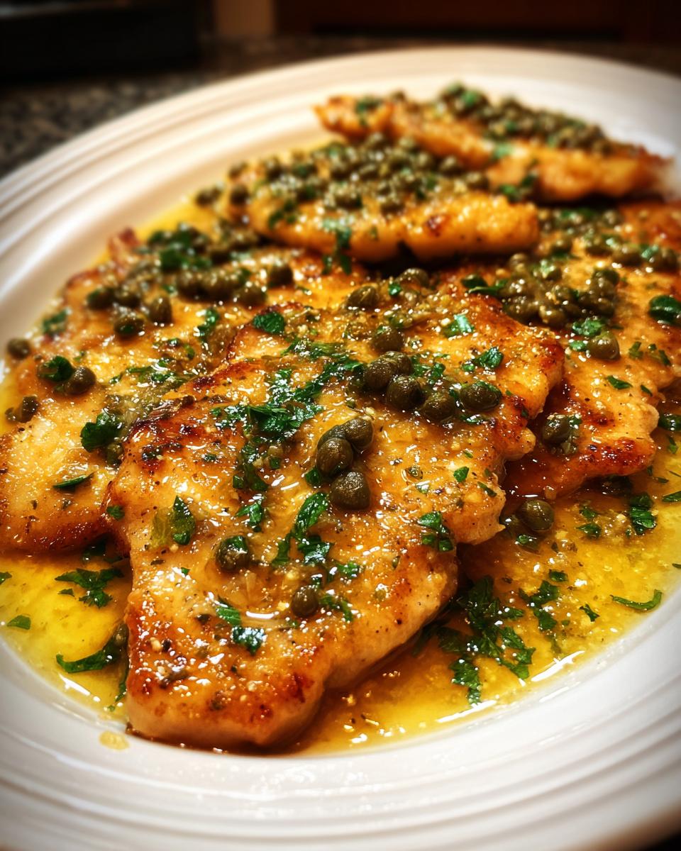 Close-up of pan-seared chicken piccata fillets covered in a bright lemon butter sauce, capers, and fresh parsley.