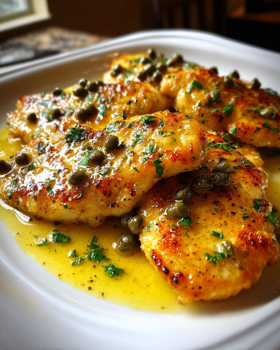 Close-up of pan-seared chicken piccata fillets covered in bright lemon butter sauce and capers.