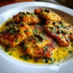 Close-up of pan-seared chicken piccata pieces covered in a bright lemon-butter sauce with capers and parsley.