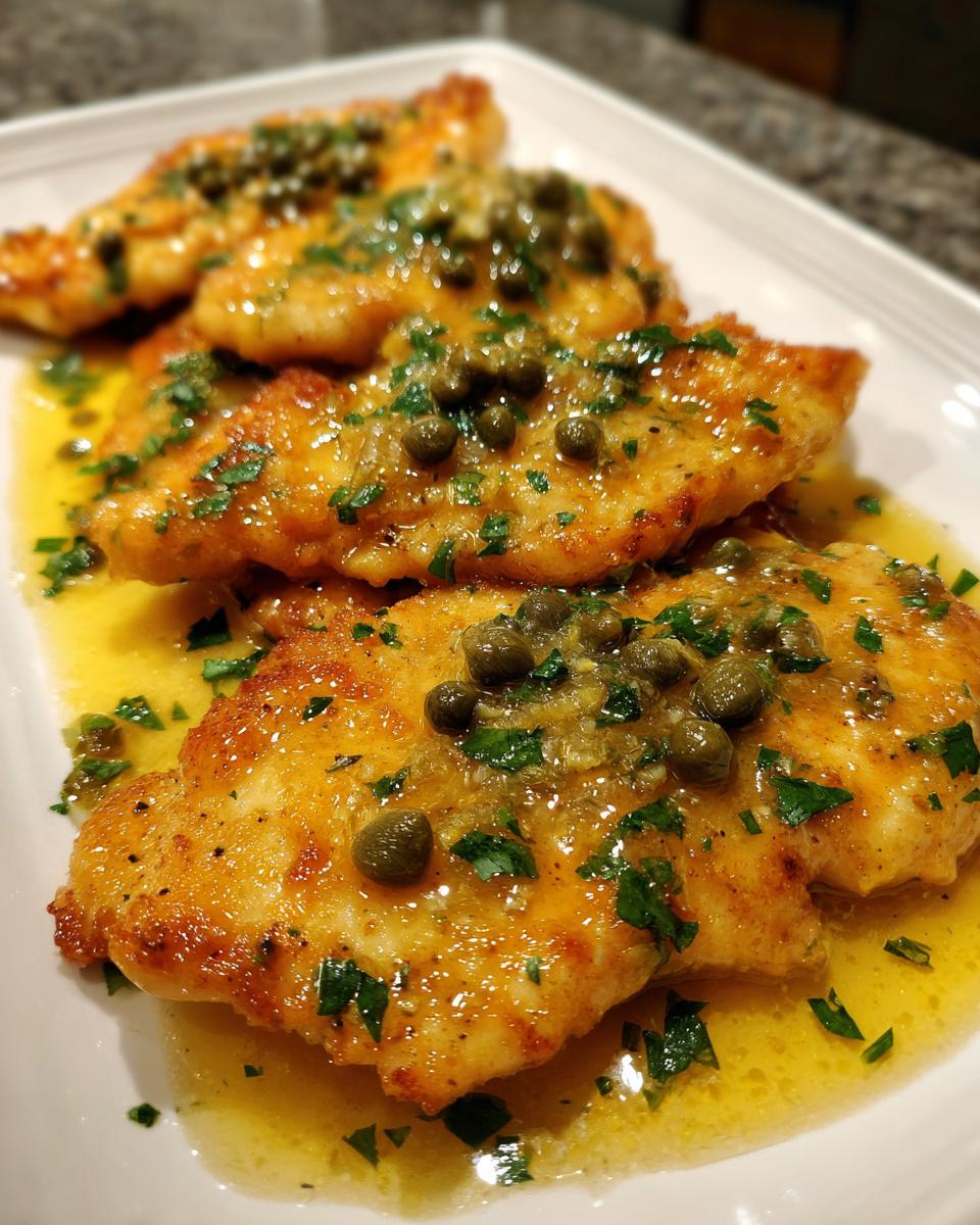 Close-up of golden pan-fried chicken piccata fillets topped with capers and parsley in a bright lemon butter sauce.