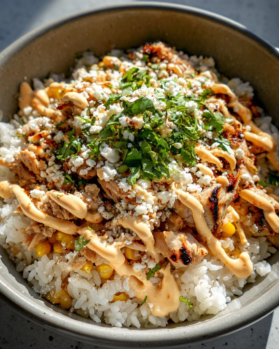 Close-up of a delicious chicken rice bowl topped with grilled chicken, corn, creamy sauce, crumbled cheese, and fresh cilantro.