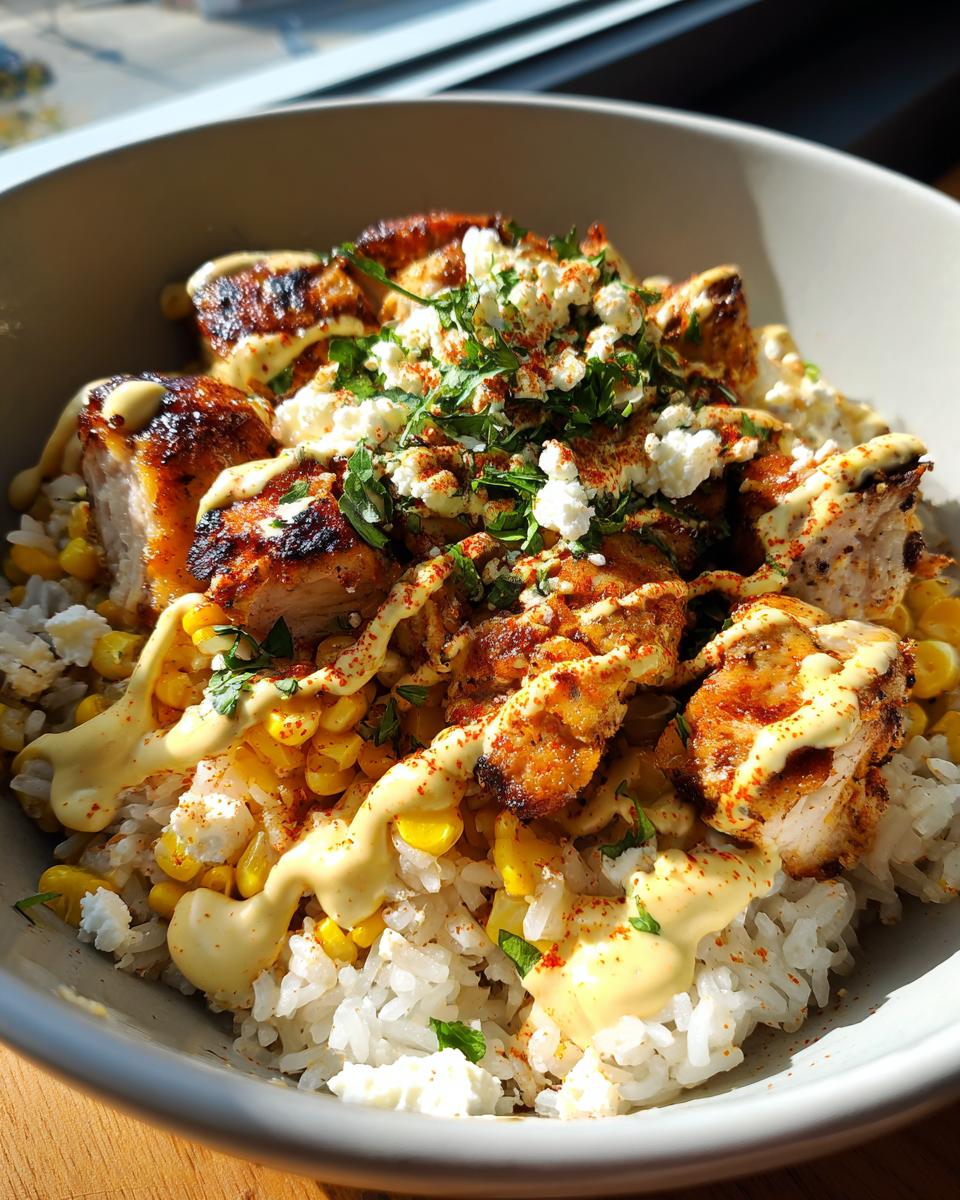 Close-up of a delicious chicken rice bowl featuring seasoned chicken pieces, white rice, corn, creamy sauce, and crumbled cheese.