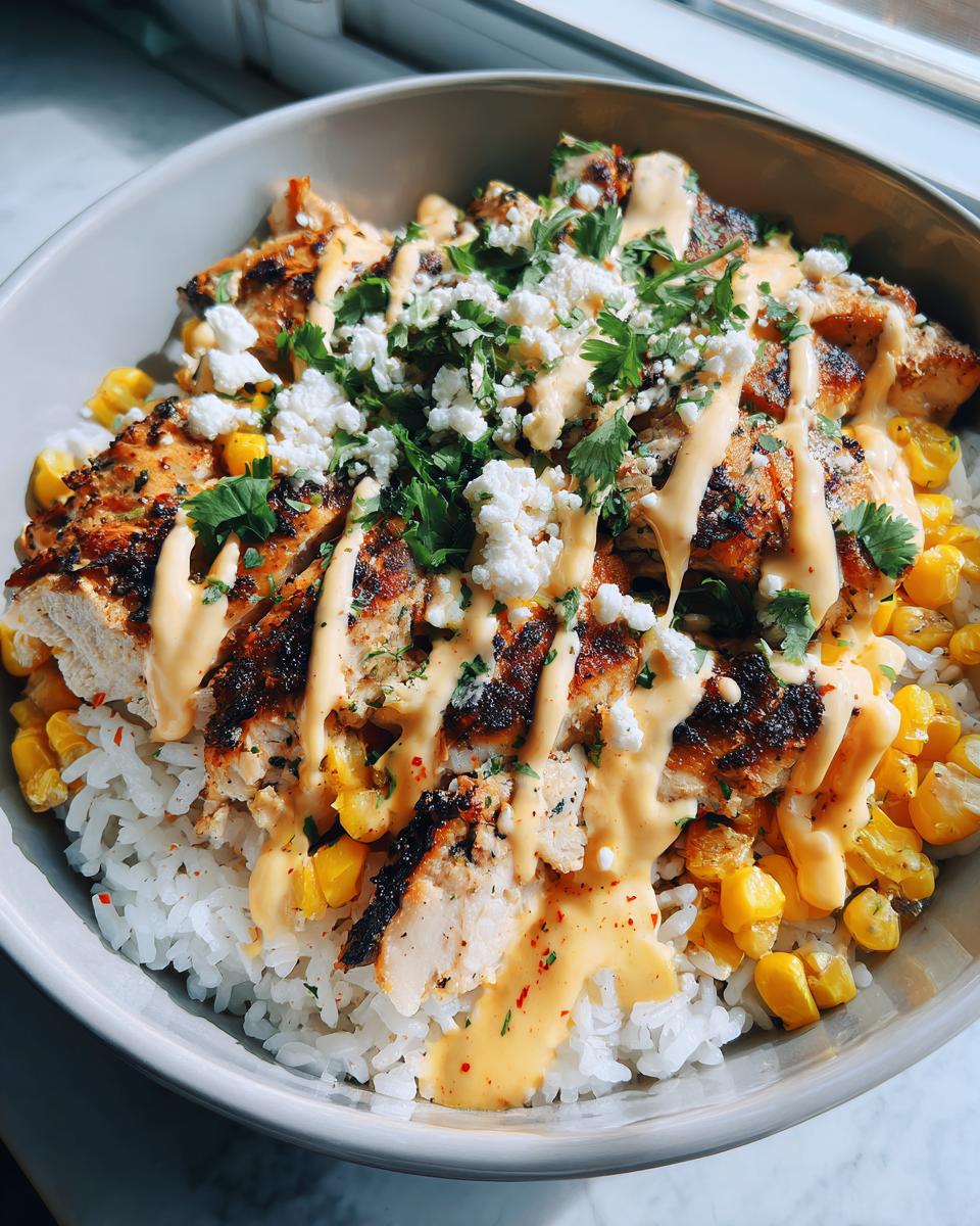 A close-up of a delicious chicken rice bowl featuring grilled, sliced chicken, white rice, corn, crumbled cheese, and a creamy orange sauce drizzle.