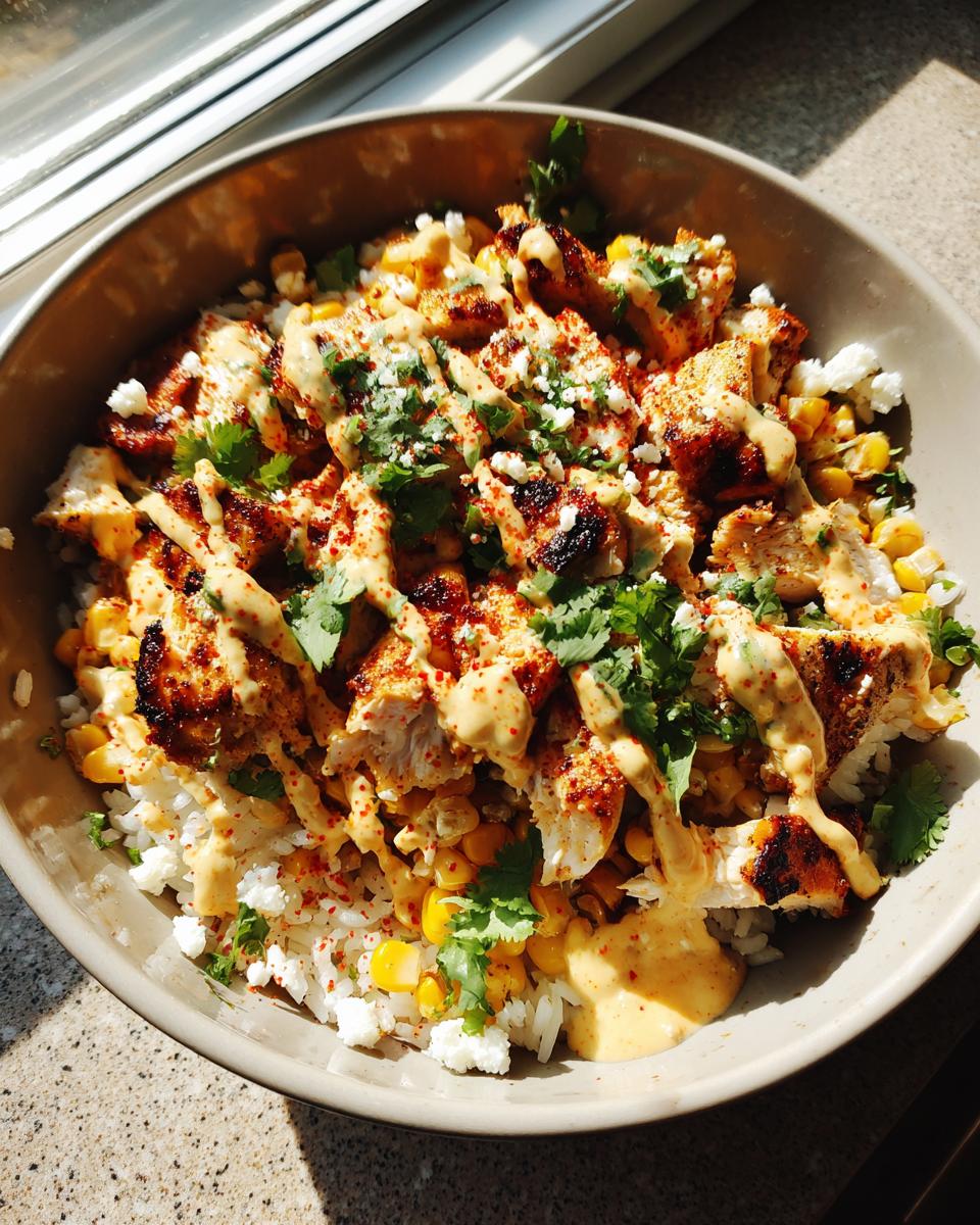 A close-up of a delicious chicken rice bowl topped with charred chicken, corn, sauce, and cilantro.
