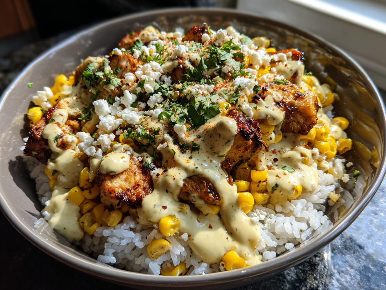 Close-up of an amazing chicken rice bowl featuring seasoned chicken, white rice, corn, creamy sauce, and crumbled cheese.