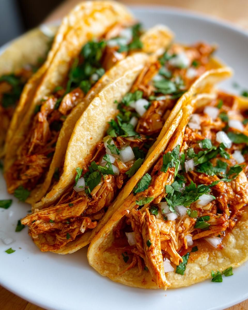 Close-up of three street-style chicken tacos filled with shredded chicken, topped with diced white onion and fresh cilantro.