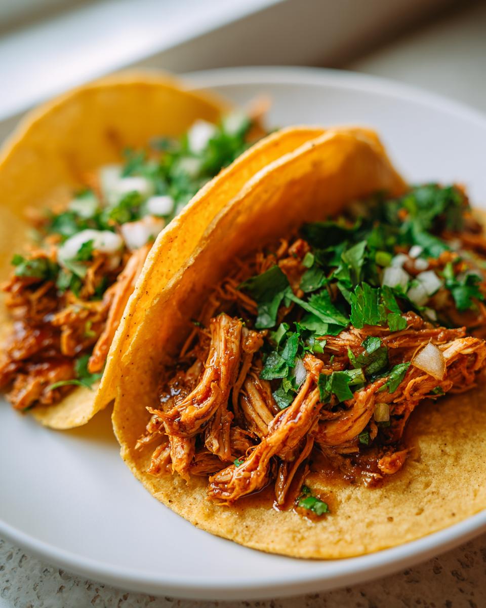 Close-up of two corn tortilla chicken tacos filled with shredded seasoned chicken, topped with fresh cilantro and diced white onion.