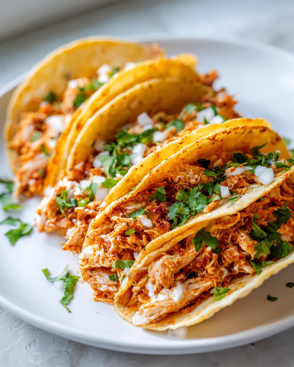 Close-up of three soft shell chicken tacos filled with shredded seasoned chicken, topped with white onion and cilantro.