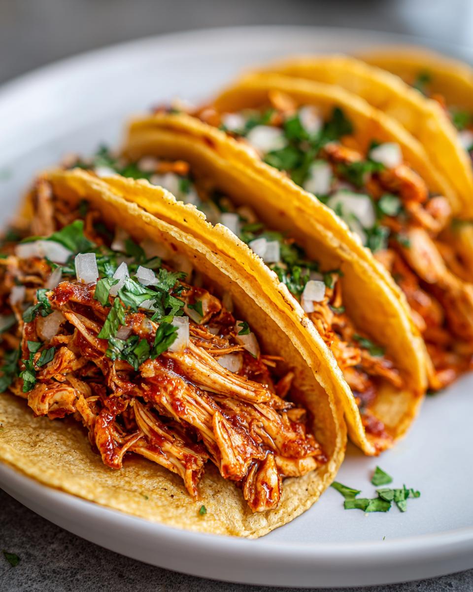 Close-up of three delicious chicken tacos filled with shredded chicken, topped with diced white onion and cilantro.