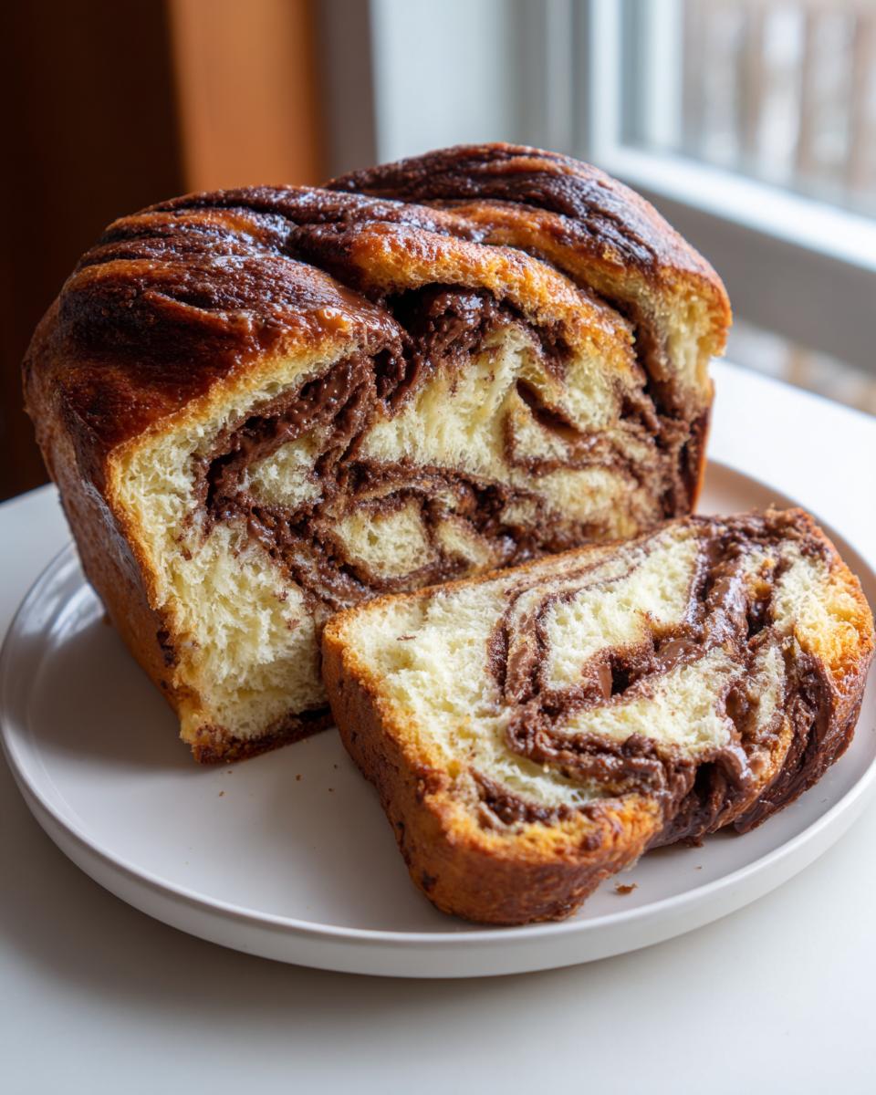 A freshly baked chocolate babka loaf, partially sliced, showing the rich, swirled chocolate filling inside.