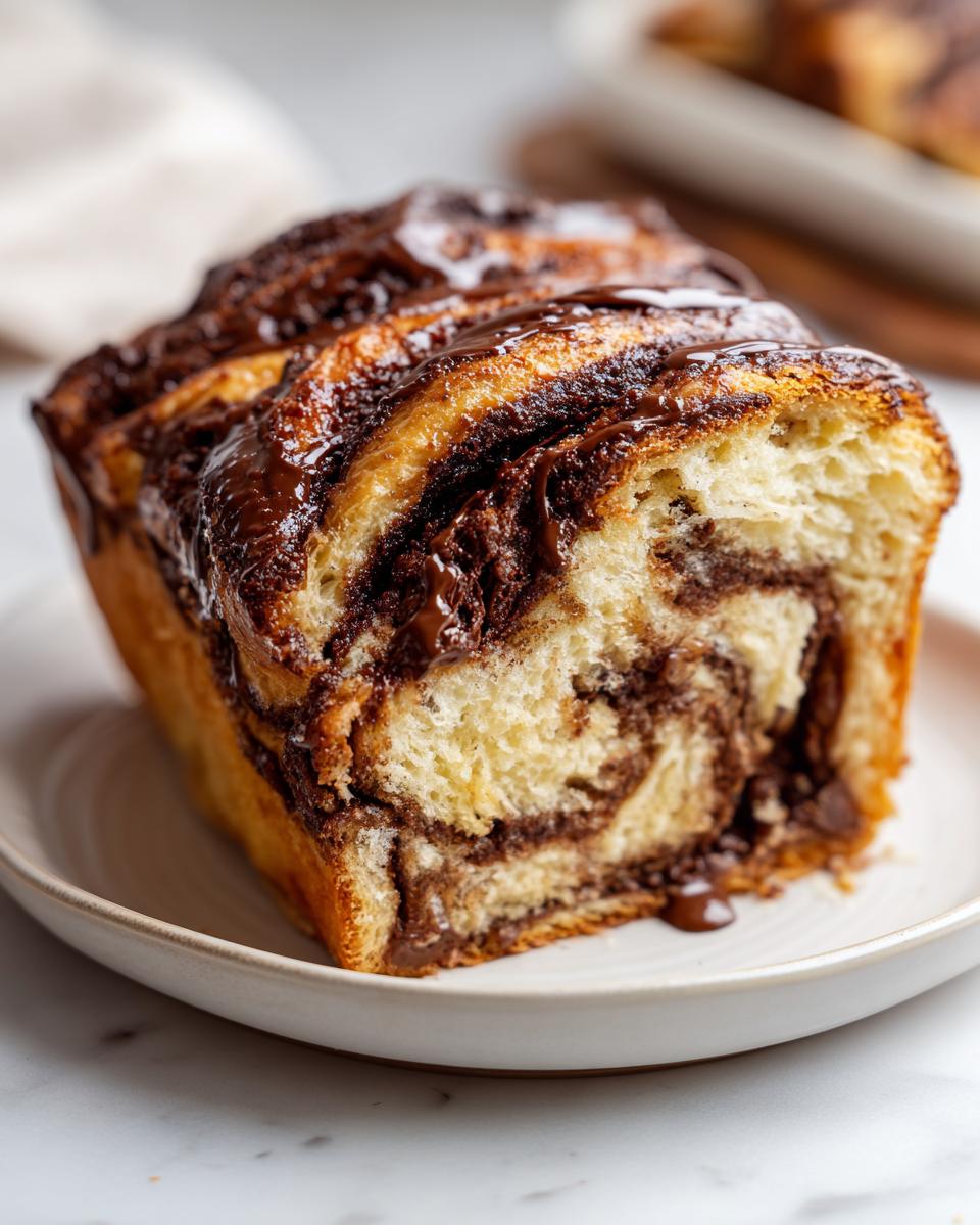 A close-up of a slice of rich chocolate babka showing the swirled layers of dough and filling, topped with chocolate glaze.