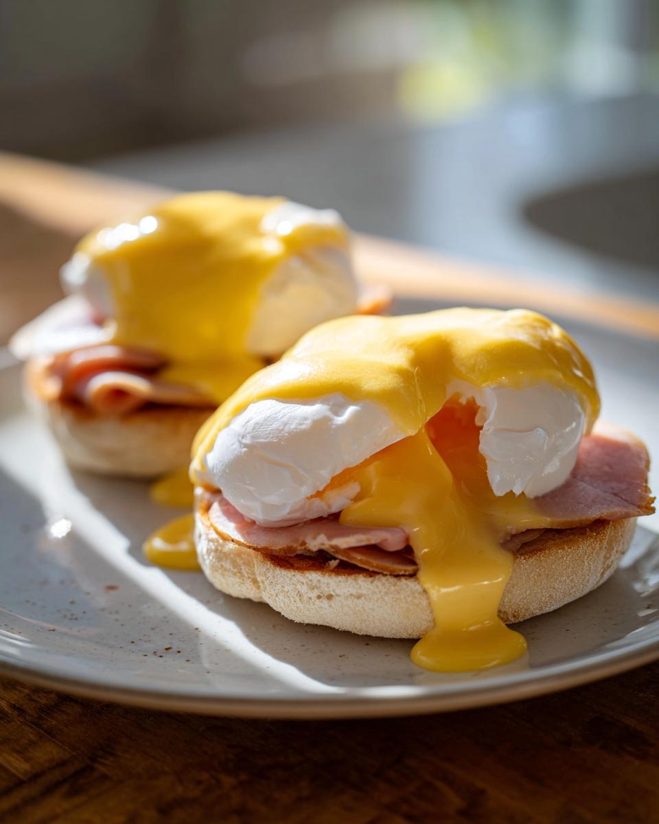 Close-up of two servings of eggs benedict with hollandaise sauce dripping over poached eggs and ham on an English muffin.