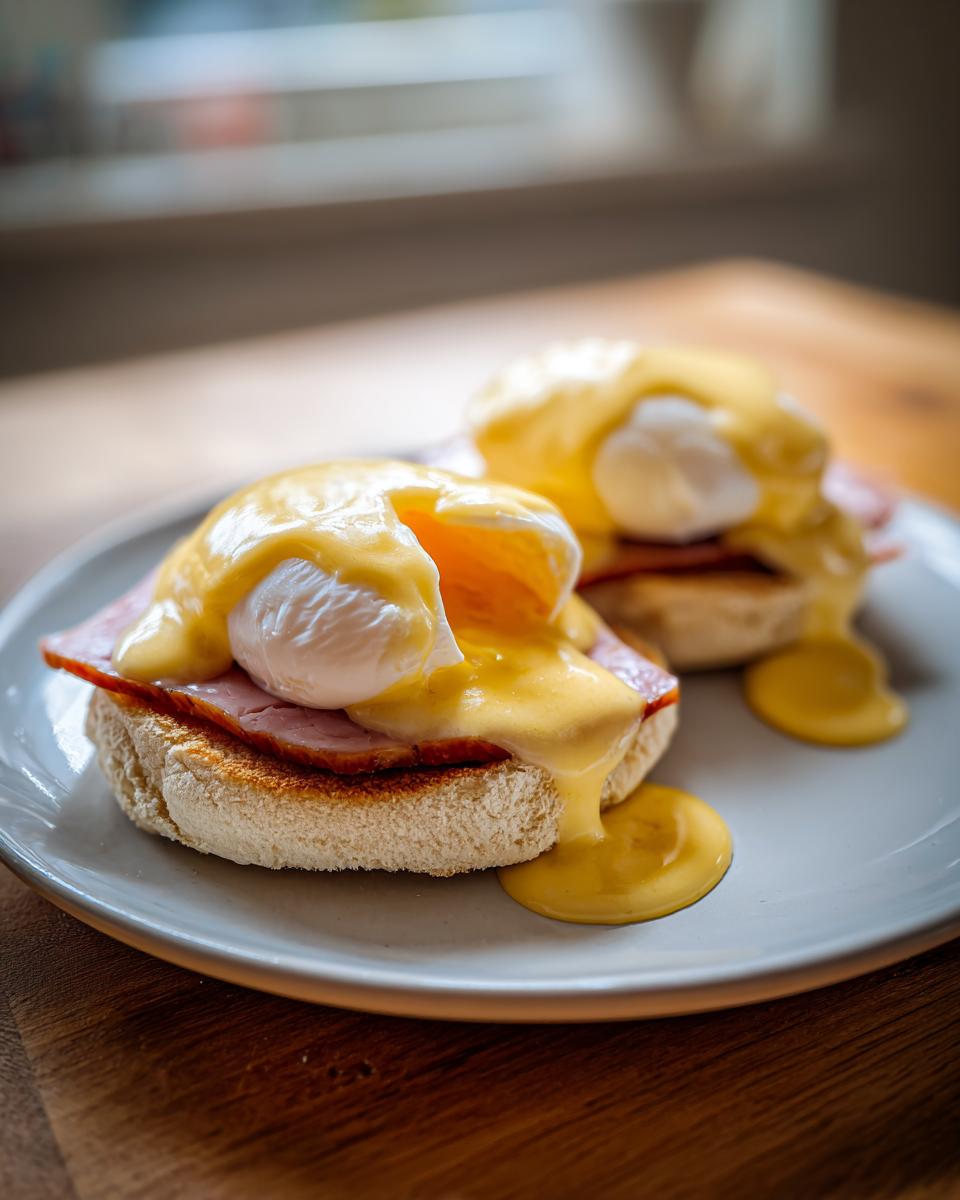Two servings of eggs benedict featuring poached eggs, ham, and flowing hollandaise sauce on English muffins.