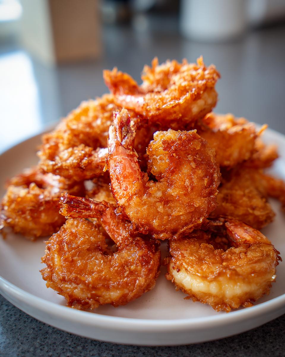 A close-up photo of a mound of perfectly golden brown fried shrimp piled high on a white plate.