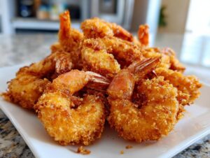 A generous pile of perfectly golden and crispy fried shrimp with tails on, served on a white rectangular plate.