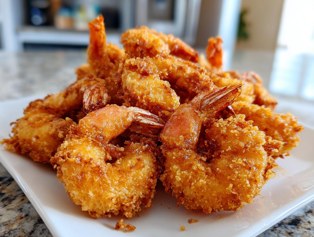 A generous pile of perfectly golden and crispy fried shrimp with tails on, served on a white rectangular plate.