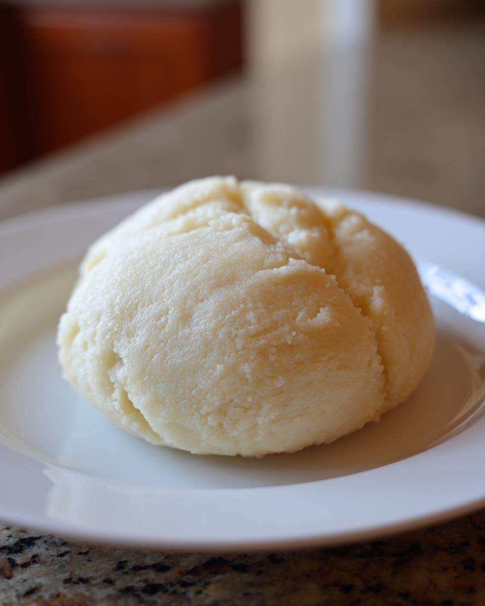 A close-up of a smooth, round serving of fufu resting on a white plate, ready to eat.