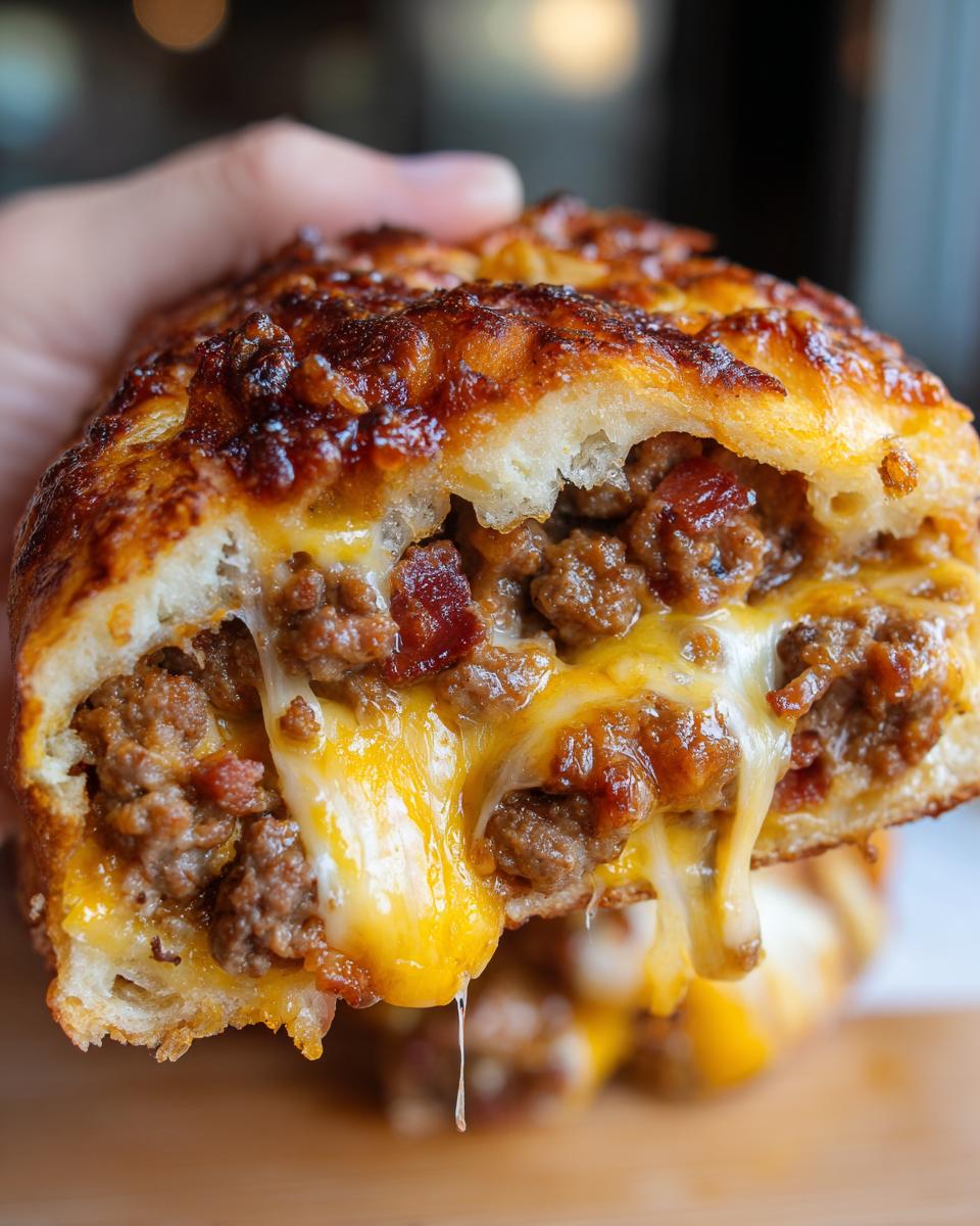 Close-up of a piece of garbage bread being pulled apart, showing a rich filling of ground meat, bacon, and melted, gooey cheese.