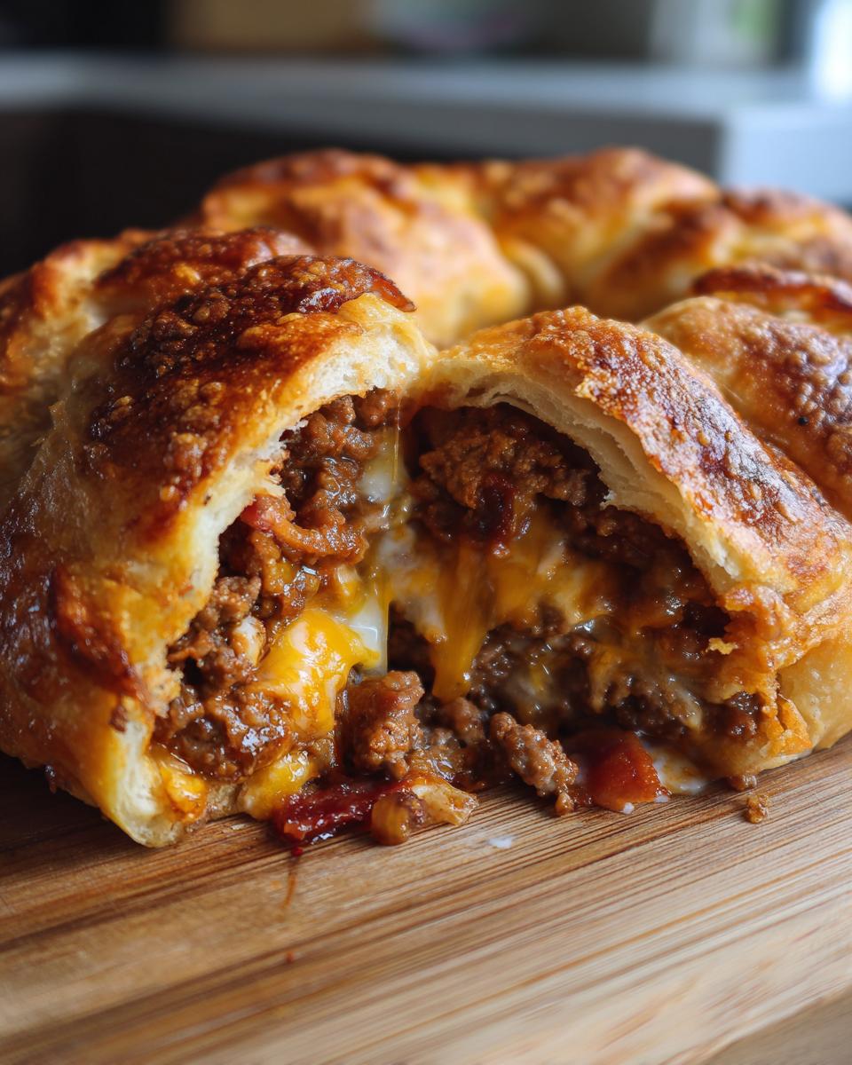 Close-up of delicious garbage bread cut open, showing a rich ground meat filling and melted, gooey cheese.