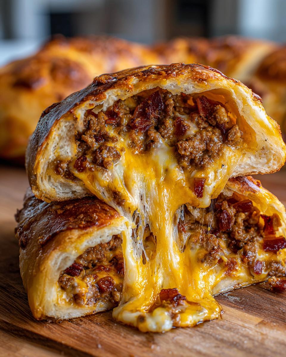 Close-up of amazing garbage bread cut in half, showing a gooey, melted cheese pull over a savory ground meat and bacon filling.