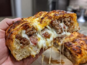 A hand holding a cross-section of hot garbage bread showing melted cheese strings and savory meat filling.