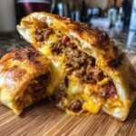 Close-up of amazing garbage bread cut in half, showing a gooey, melted cheese pull over savory ground meat filling.