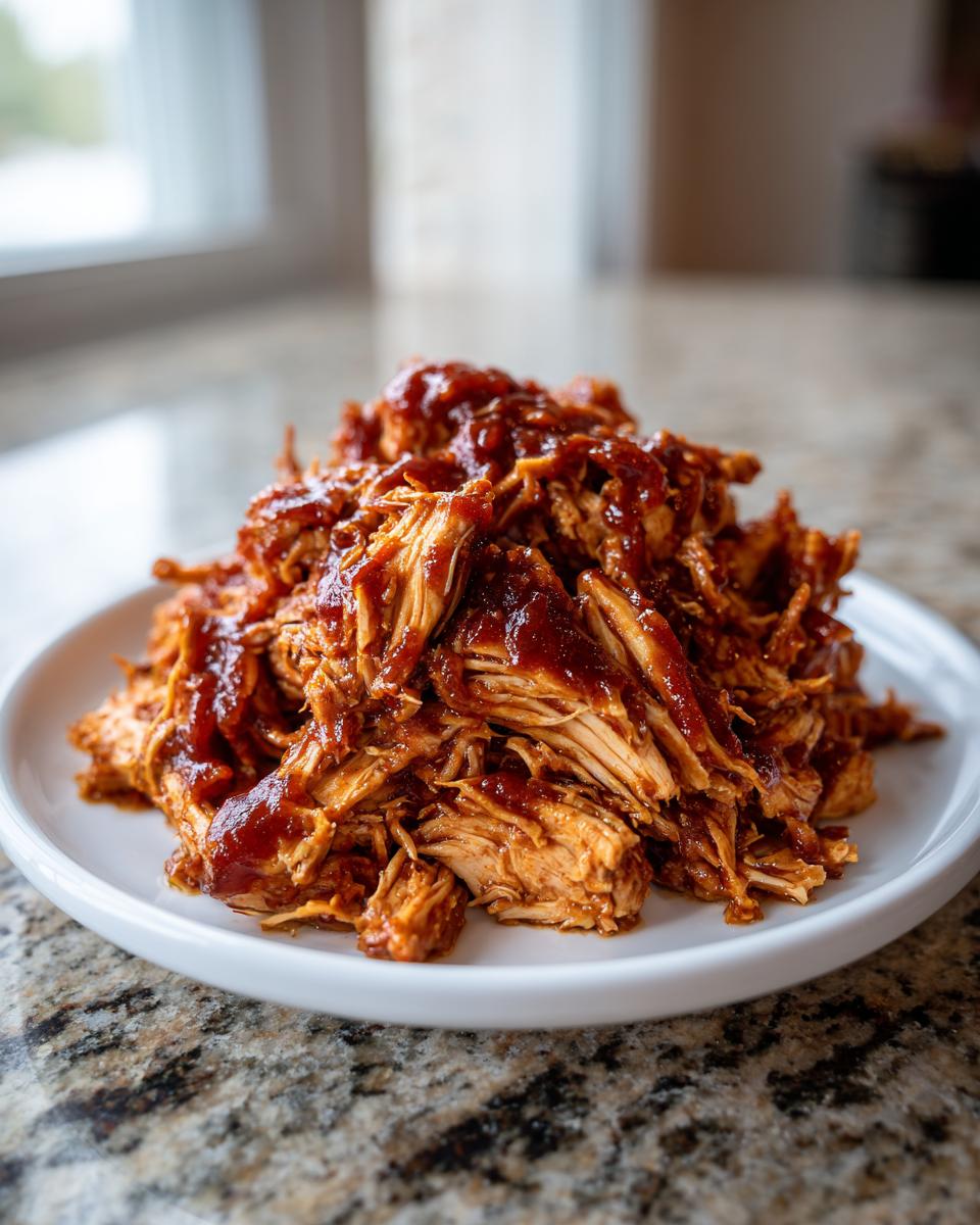 A generous mound of saucy, shredded pulled chicken served on a white plate.