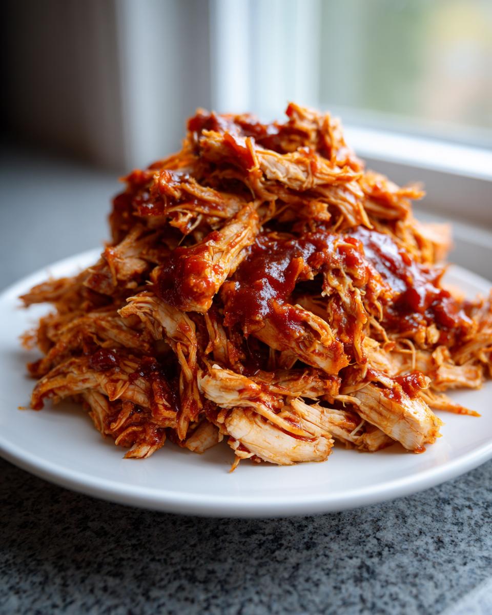 Close-up of a generous mound of saucy, shredded pulled chicken served on a white plate.