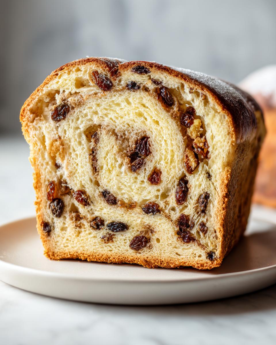A close-up of a thick slice of amazing raisin bread showing a swirled interior packed with dark raisins.