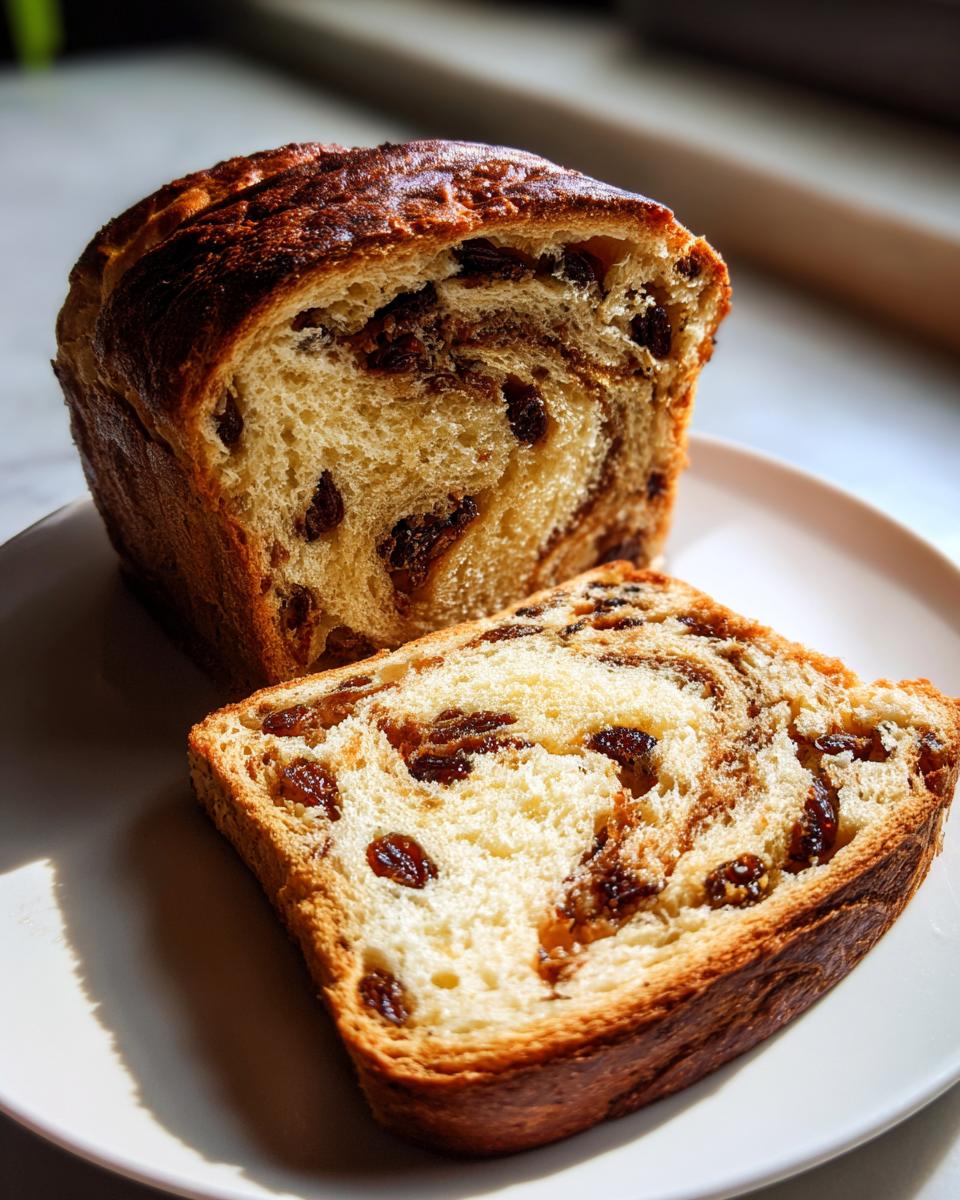 A thick slice of homemade raisin bread next to the remaining loaf on a white plate.