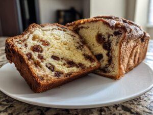 Close-up of a freshly baked loaf of raisin bread, sliced to show the soft interior filled with plump raisins.