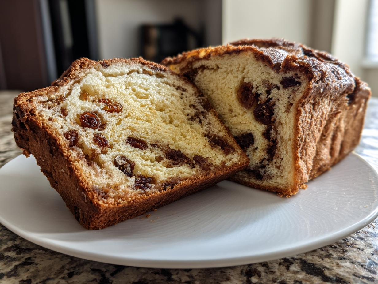 Close-up of a freshly baked loaf of raisin bread, sliced to show the soft interior filled with plump raisins.