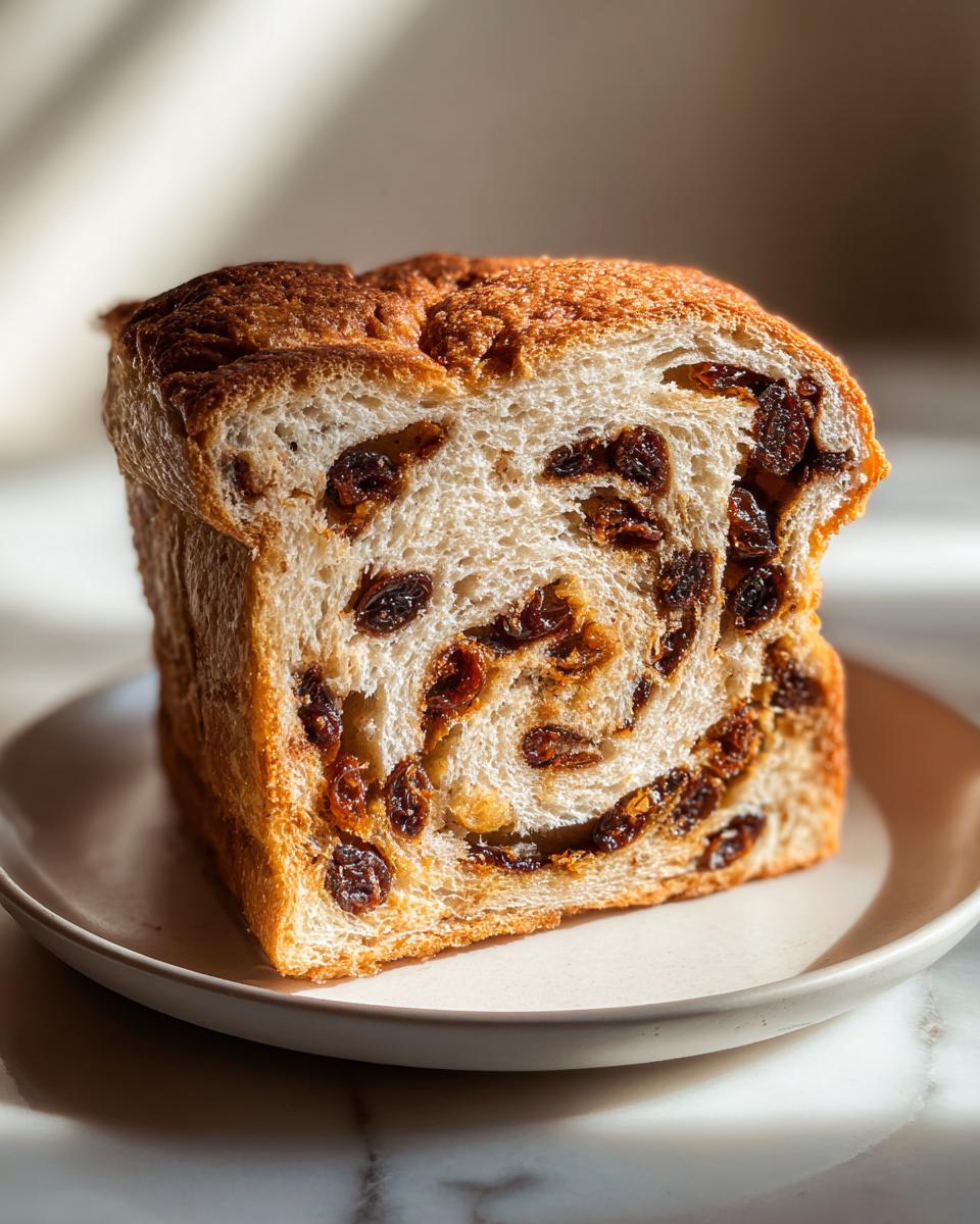 A thick, square slice of homemade raisin bread showing a dense swirl of plump raisins in soft white crumb.