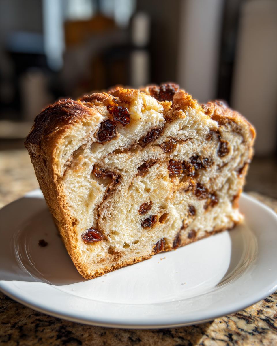 Close-up on a thick slice of homemade raisin bread showing soft interior and dark raisins.