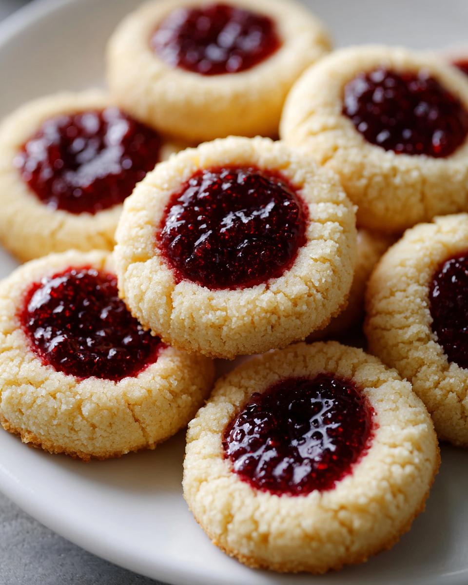 A close-up stack of delicious raspberry thumbprint cookies with bright red jam centers on a white plate.