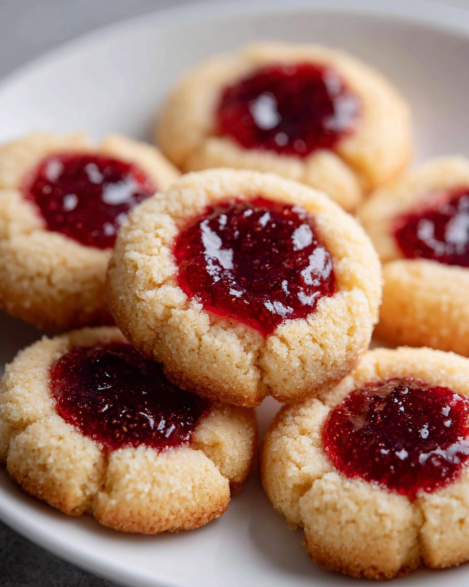 A stack of golden, buttery raspberry thumbprint cookies filled with glistening red jam on a white plate.