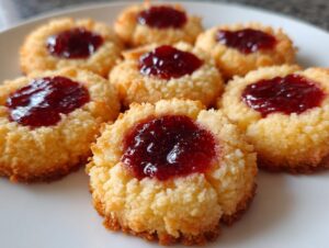 A close-up shot of several golden, textured raspberry thumbprint cookies arranged on a white plate.