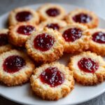 A plate piled high with golden-brown raspberry thumbprint cookies topped with bright red jam.