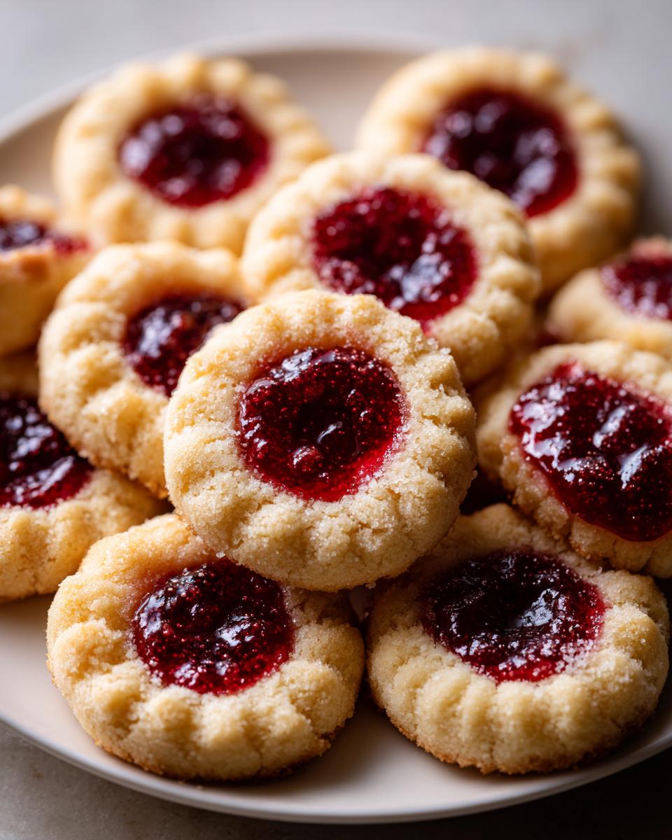 A close-up stack of delicious raspberry thumbprint cookies with bright red jam centers on a light plate.