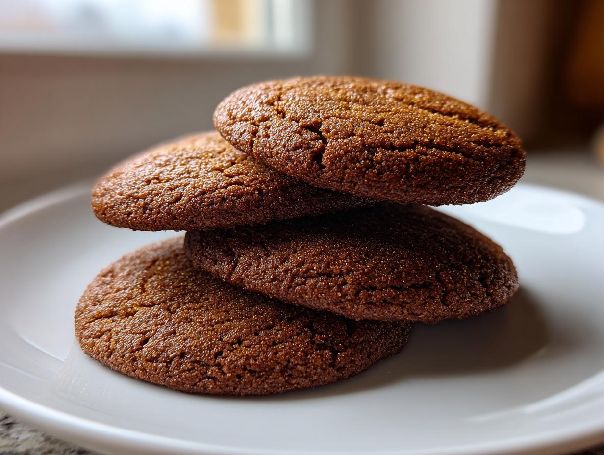 A close-up stack of three amazing soft gingerbread cookies resting on a white plate.