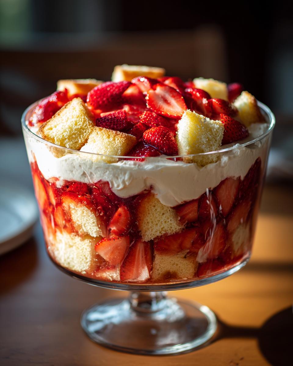 Layers of cake, whipped cream, and macerated strawberries visible in a large glass bowl making a strawberry shortcake trifle.