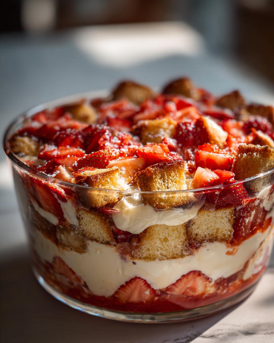 Close-up of a layered strawberry shortcake trifle in a clear glass bowl with cake cubes, cream, and fresh strawberries.