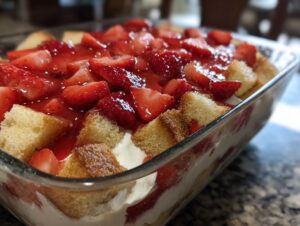 Close-up of a delicious strawberry shortcake trifle layered with cake cubes, whipped cream, and macerated strawberries in a clear glass baking dish.
