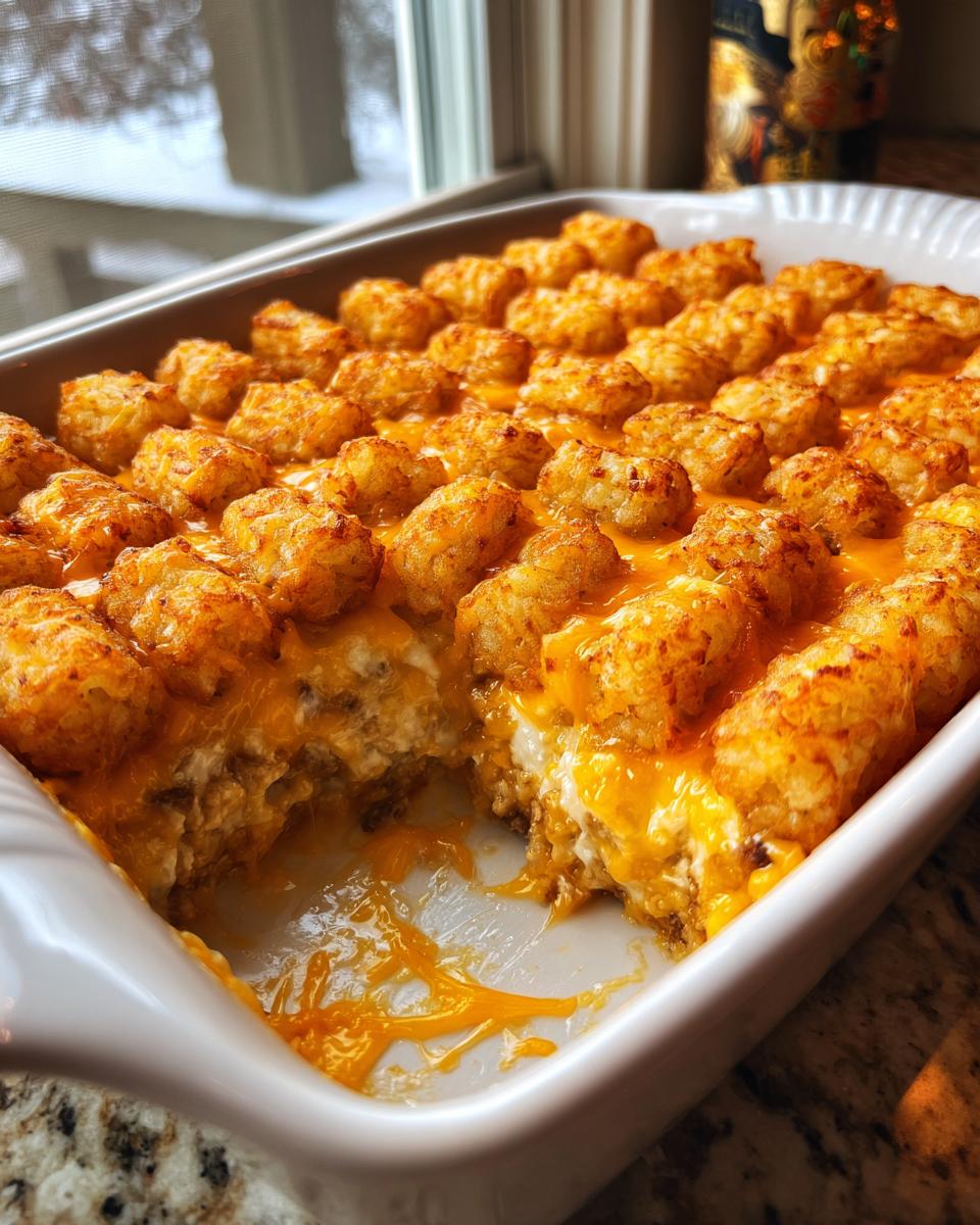 A freshly baked tater tot casserole with melted cheddar cheese bubbling over a scoop removed from the white baking dish.