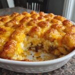 A freshly baked tater tot casserole in a white dish, showing a scoop removed to reveal the creamy interior and ground meat layer.